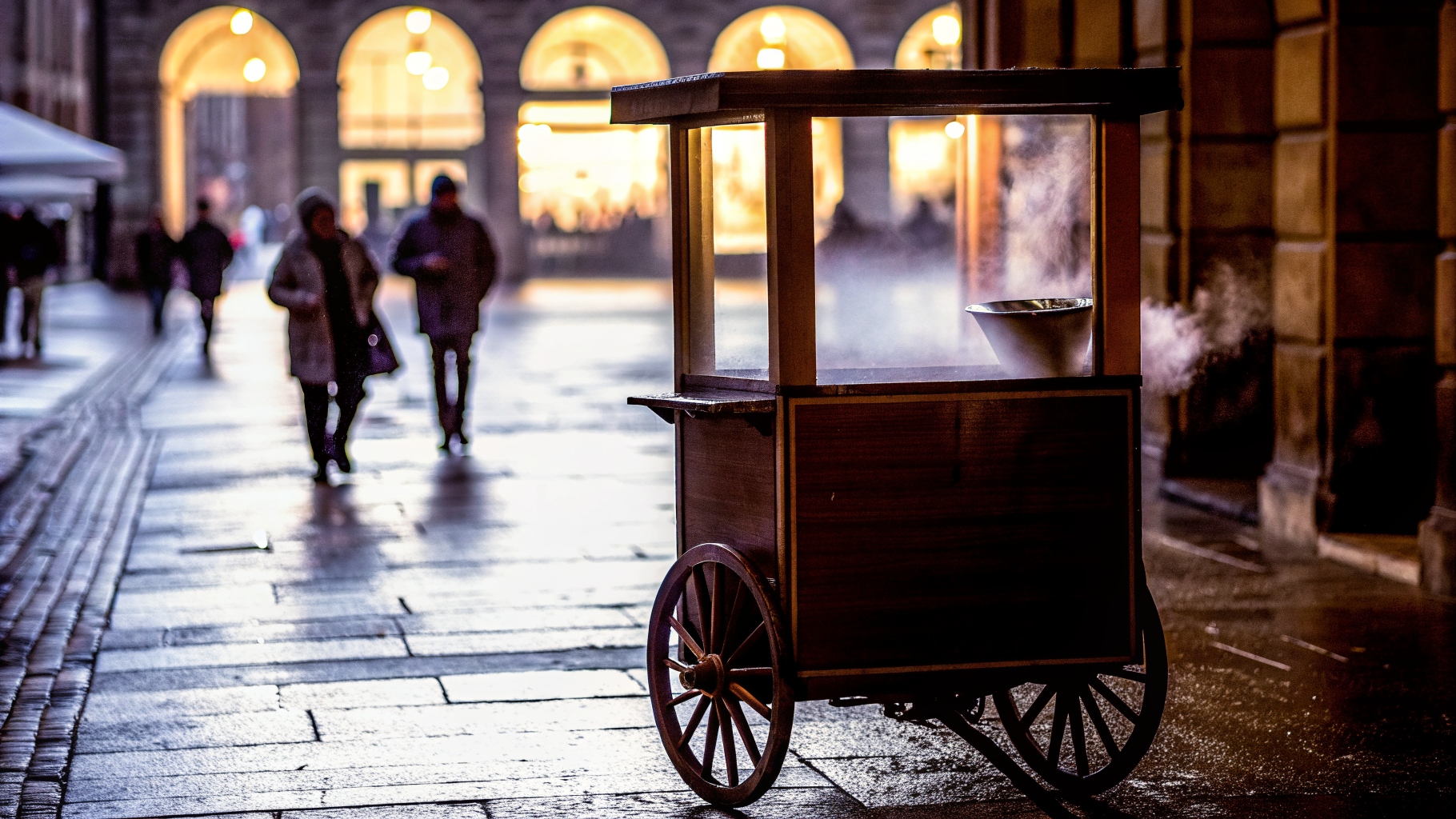A roasted-chestnut street stall steaming on a Croatian city square on an autumn evening