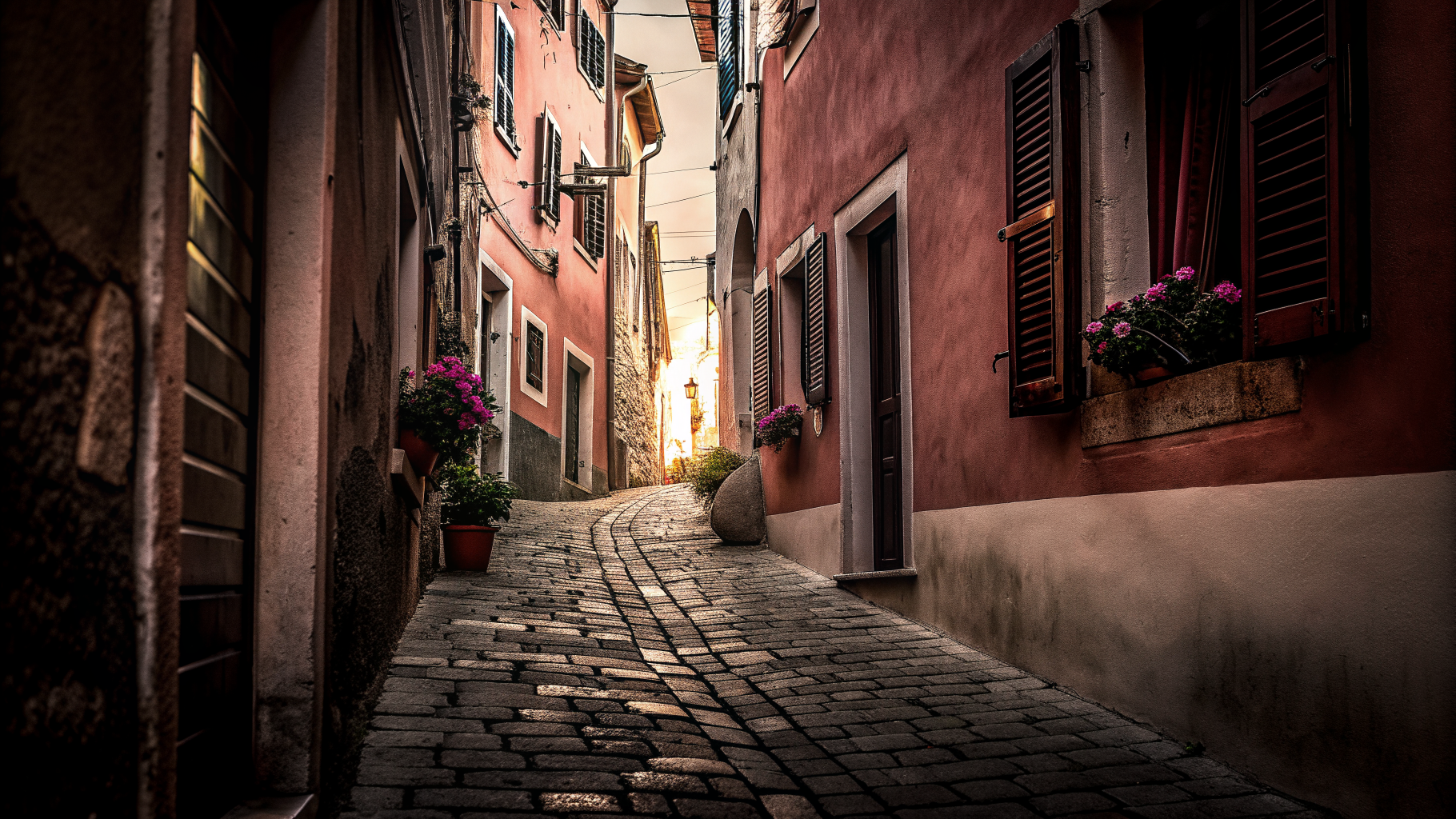 A narrow cobbled stone lane between old stone houses in an Istrian hill town