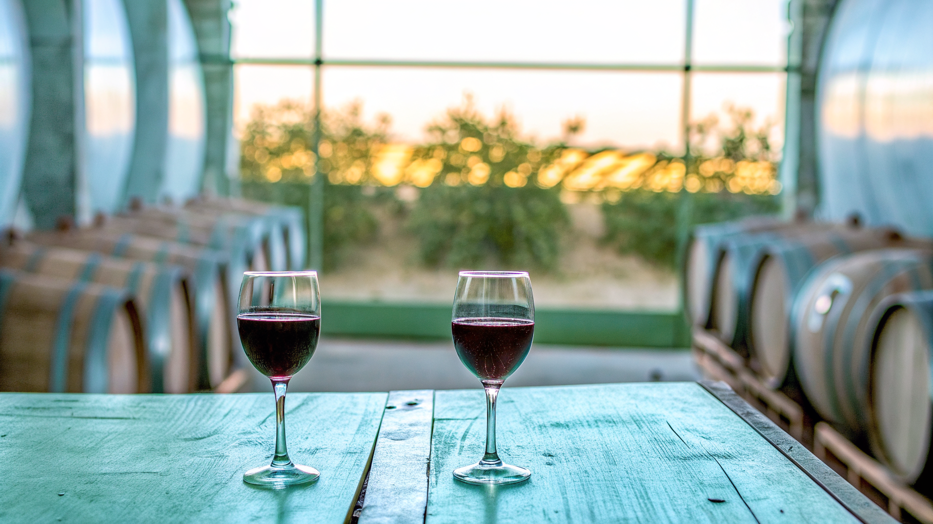 Glasses of red wine and oak barrels during a Peljesac winery cellar tasting