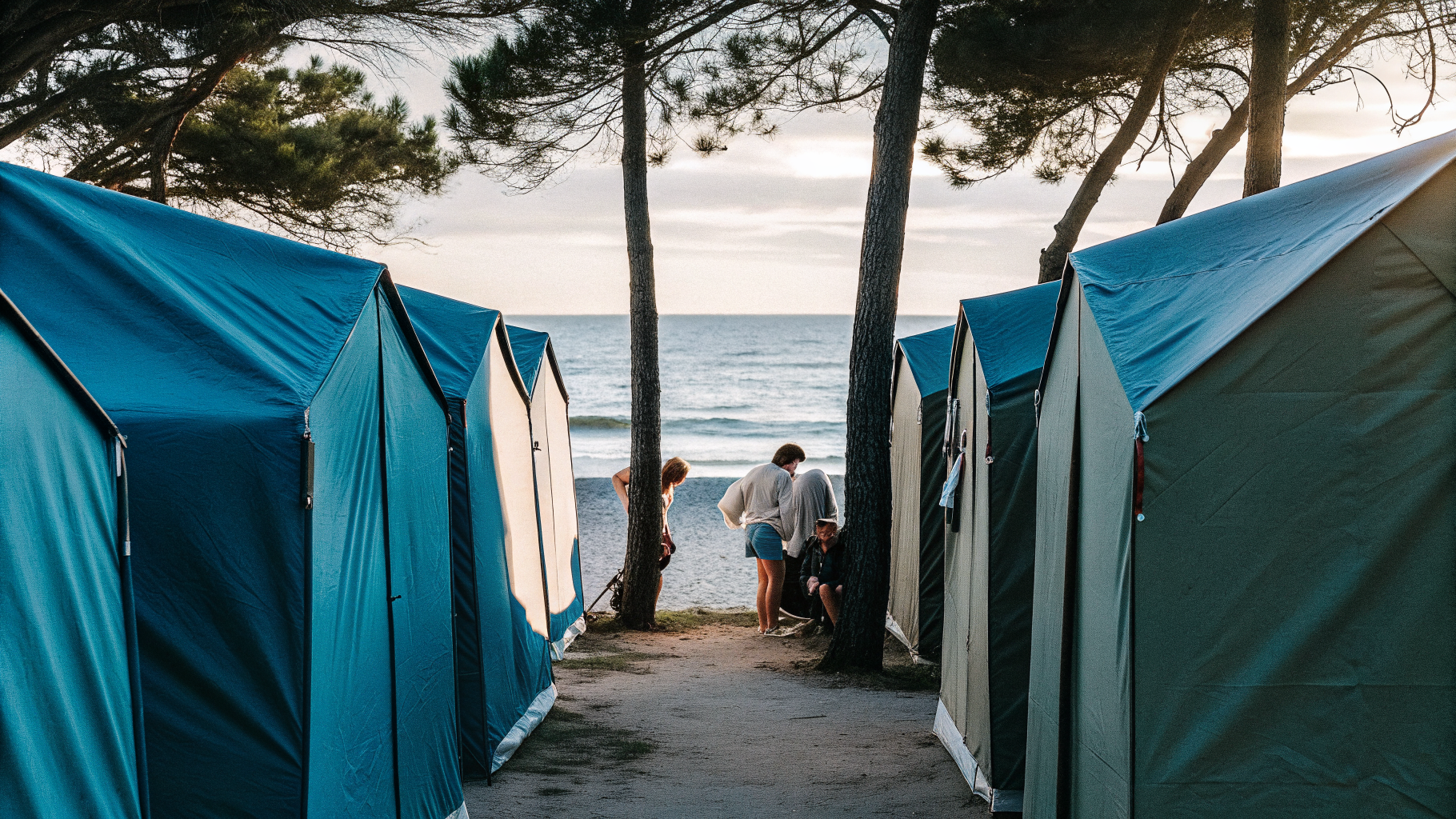 Tents at a coastal festival campsite in Croatia in early morning light