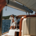 A sailing yacht cruising the calm Adriatic between islands on a clear day in Croatia