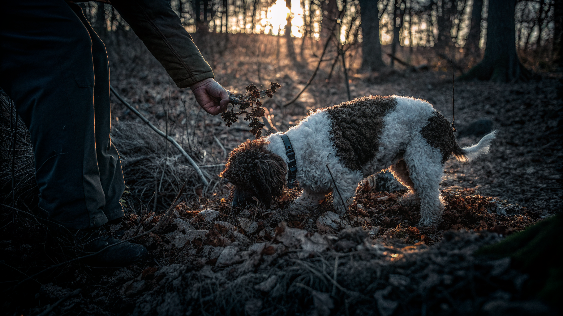 A Lagotto Romagnolo truffle dog digging in the leaf litter of an Istrian oak forest during a truffle hunt