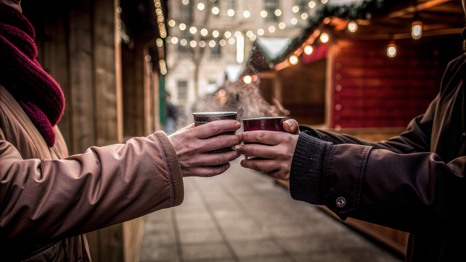 Couple holding cups of mulled wine at a Croatian Christmas market stall
