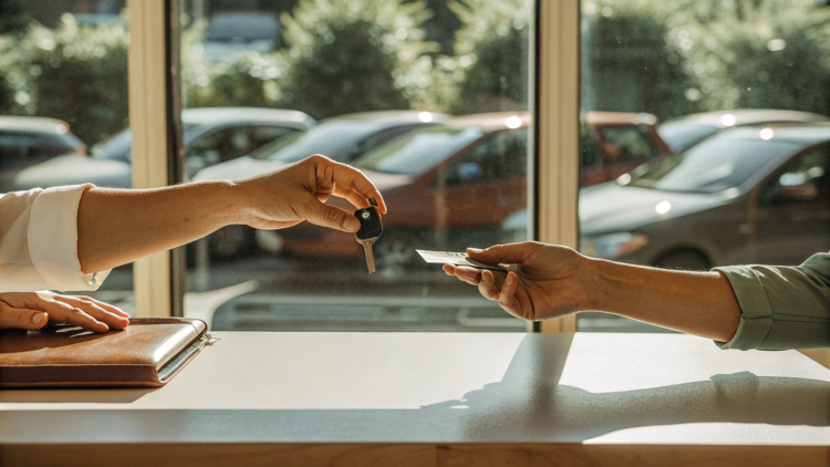 Rental desk handover in Croatia: keys, rental agreement, passport and credit card on the counter